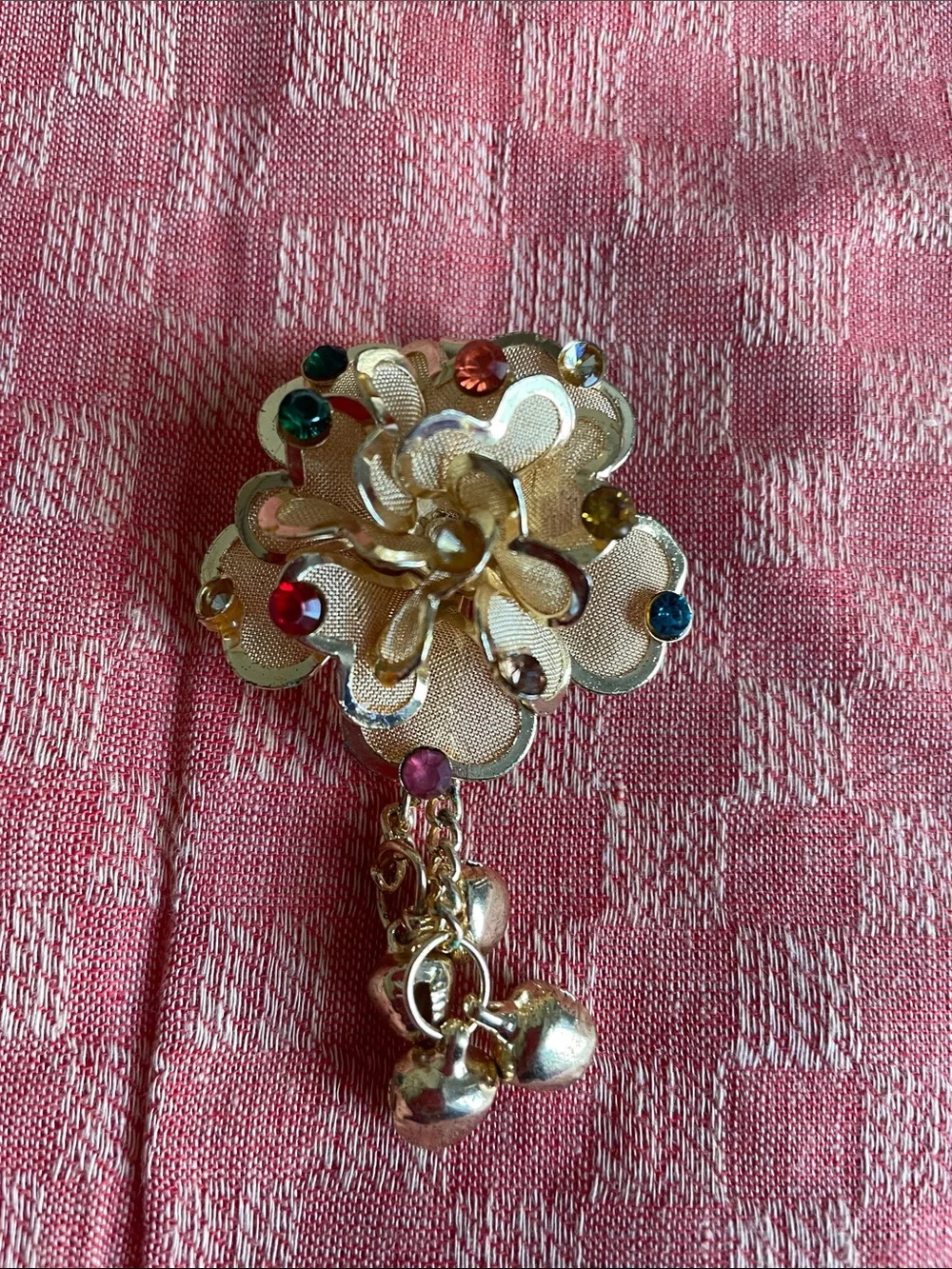 Gold Floral Brooch with Multicolor Crystal Accents and Dangle Charms